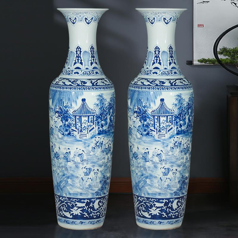景德镇青花瓷手绘童子加粗落地大花瓶大厅摆件家居客厅彷古装饰品