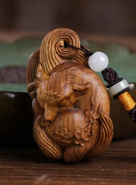 四川小叶桢楠金丝楠木实木雕刻九尾魅狐狸随身把玩手把件汽车挂件