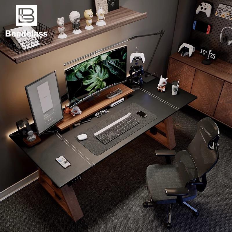 实木智能升降桌 适用卧室站立式办公桌 工作台书桌黑色马鞍皮面