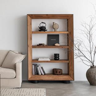 润家家居侘寂风老松木书架现代简约实木落地整装展示柜置物架书柜