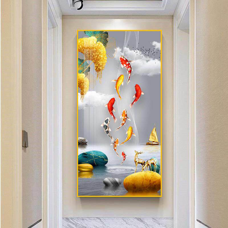 九鱼图玄关装饰画现代简约竖版画背景墙面画入户门墙走廊过道挂画