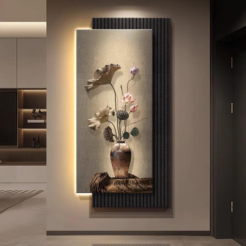 侘寂风荷花玄关装饰画新中式走廊过道led壁灯入户客厅正对门挂画