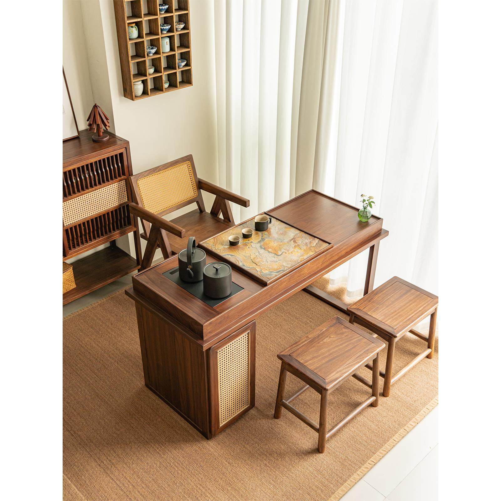 新中式茶桌椅组合北美黑胡桃木色茶室实木泡茶台阳台小茶桌椅组合