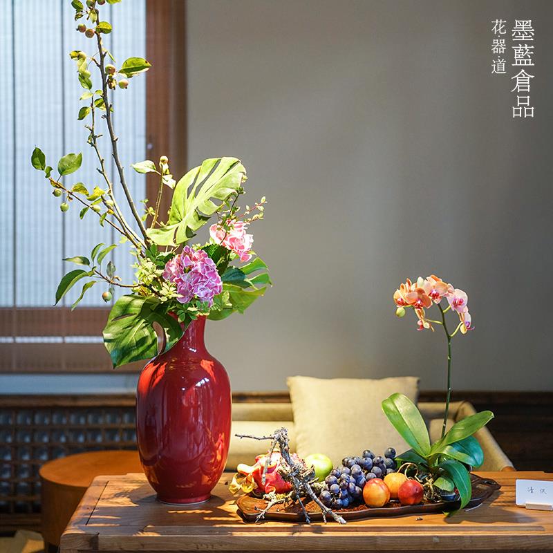 特大陶瓷红色插花花瓶摆件客厅桌面装饰净瓶美人瓶花道插花花器
