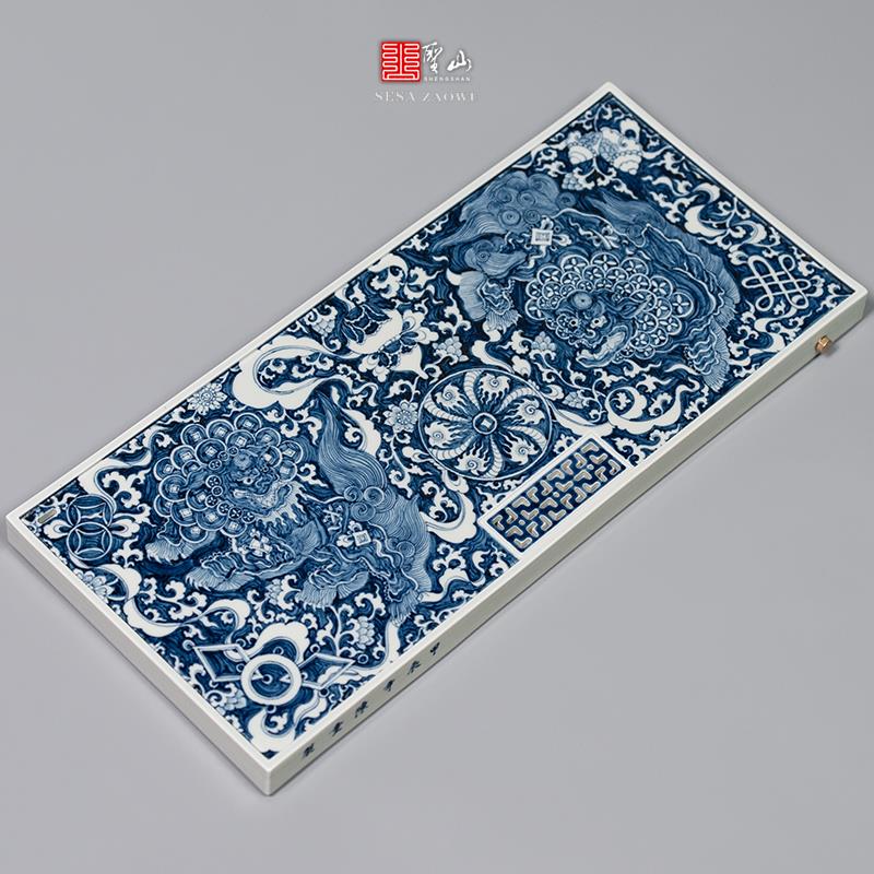 陈彤设计作品彷明蓝白双狮子球陶瓷茶盘景德镇彷古陶瓷茶具茶几