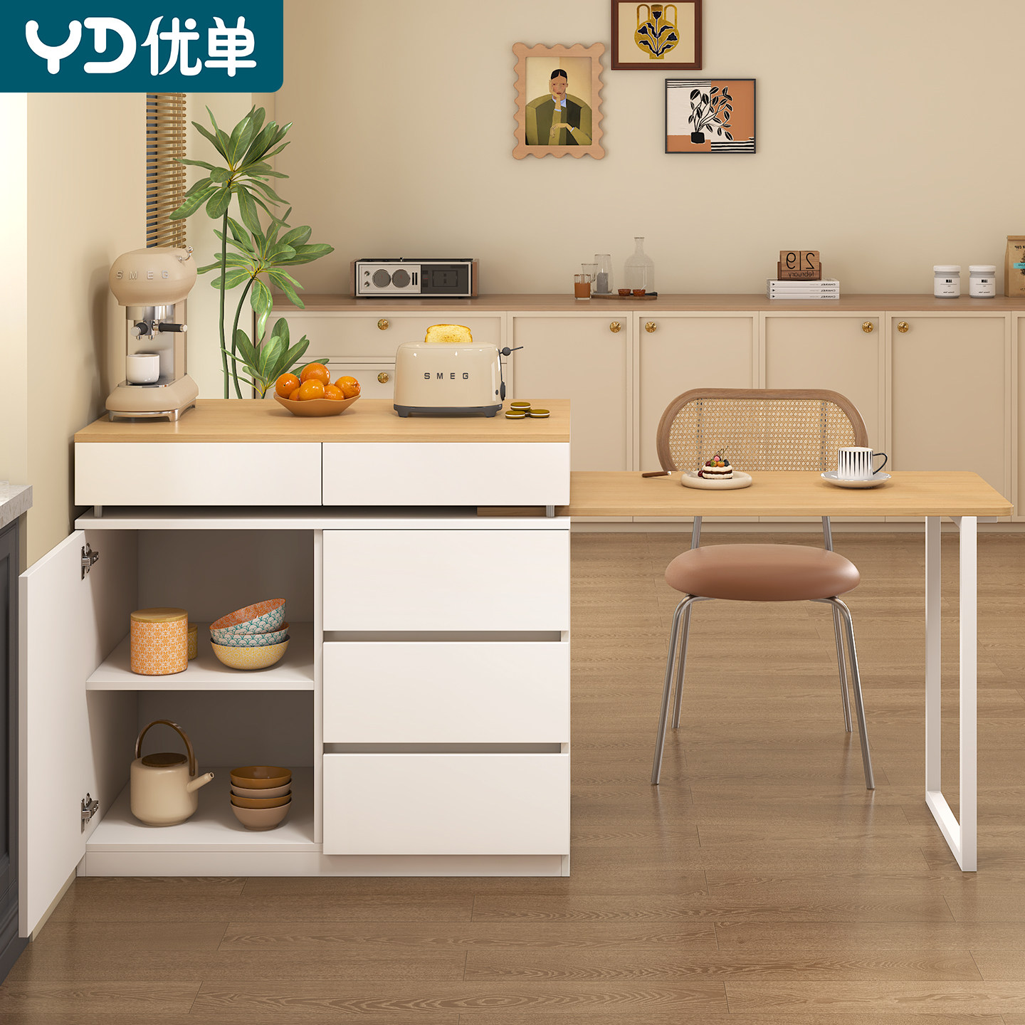 实木新款厨房岛台餐桌一体可伸缩图片