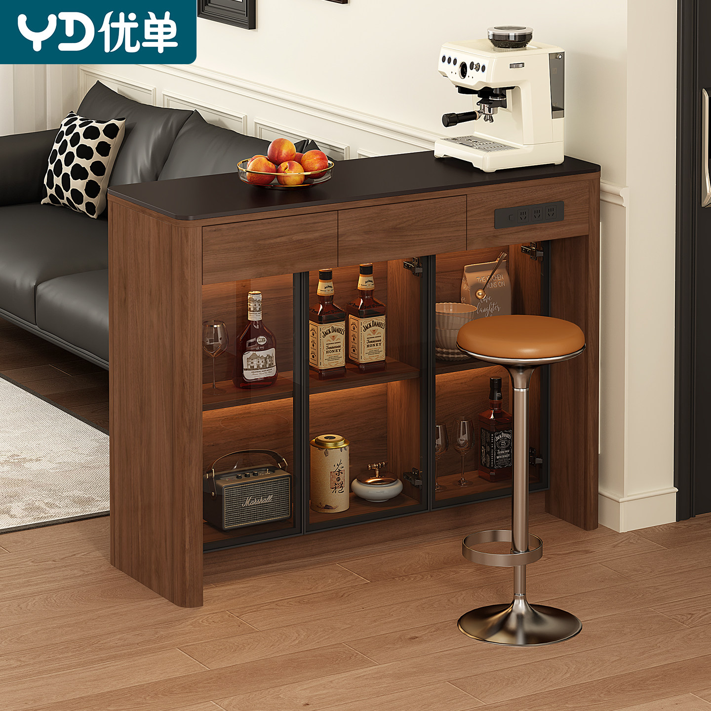 岩板吧台桌餐边柜一体家用长条桌客厅餐厅隔断岛台餐桌酒柜E96