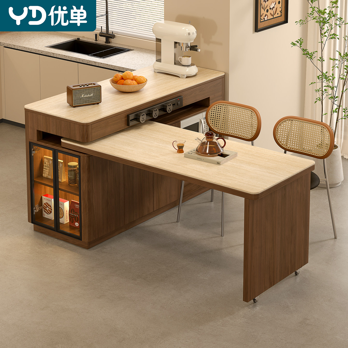 中古风岩板岛台餐桌一体家用可伸缩餐台吧台餐厅旋转中岛台柜E88,住宅家具,岛台餐桌,淘宝优惠券,粉丝福利购,淘宝优惠卷