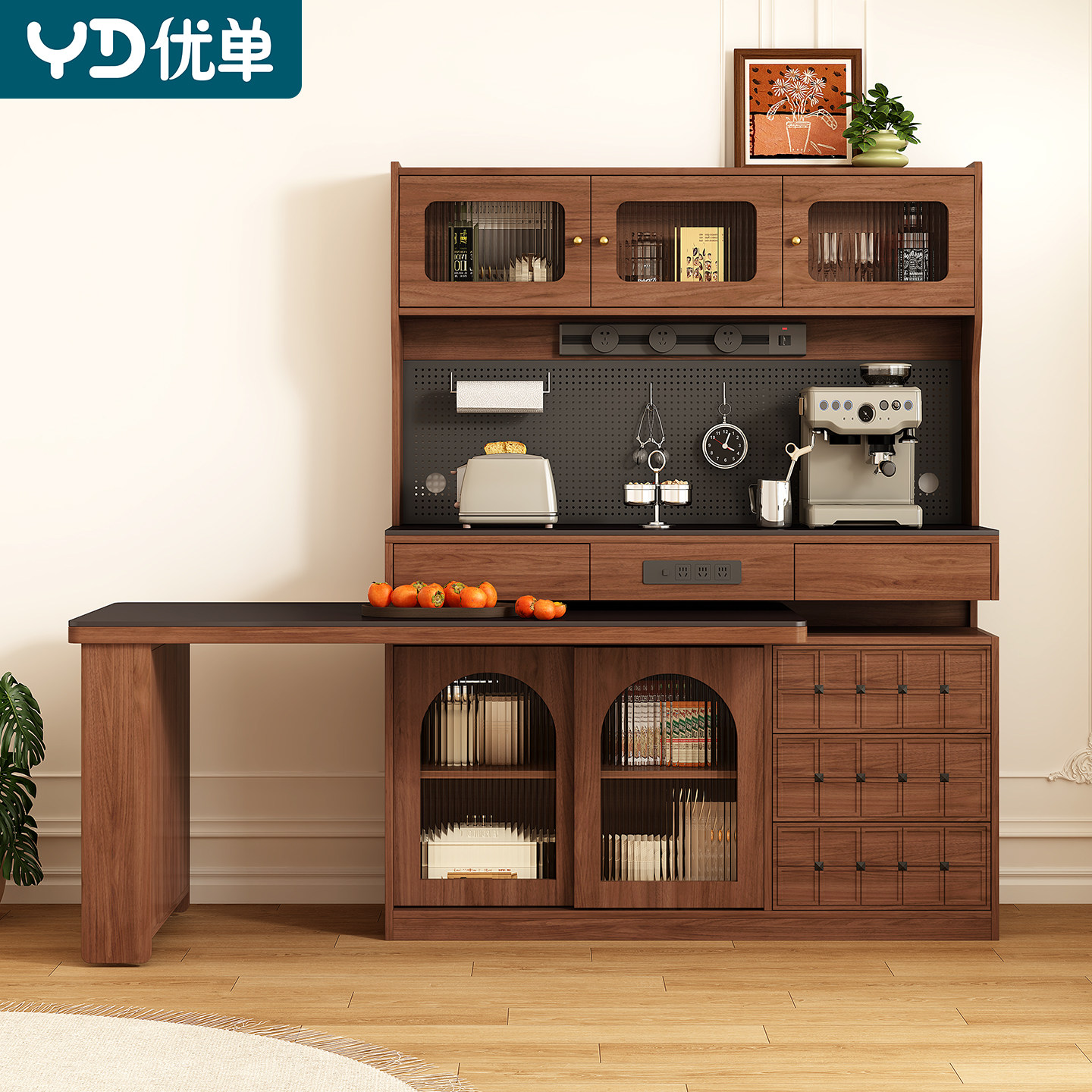 实木新型餐边柜旋转餐桌储物柜