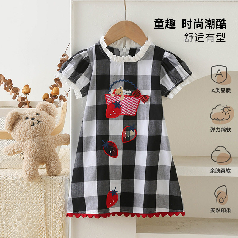 纯棉女童半袖裙经典黑白格子连衣连衣裙