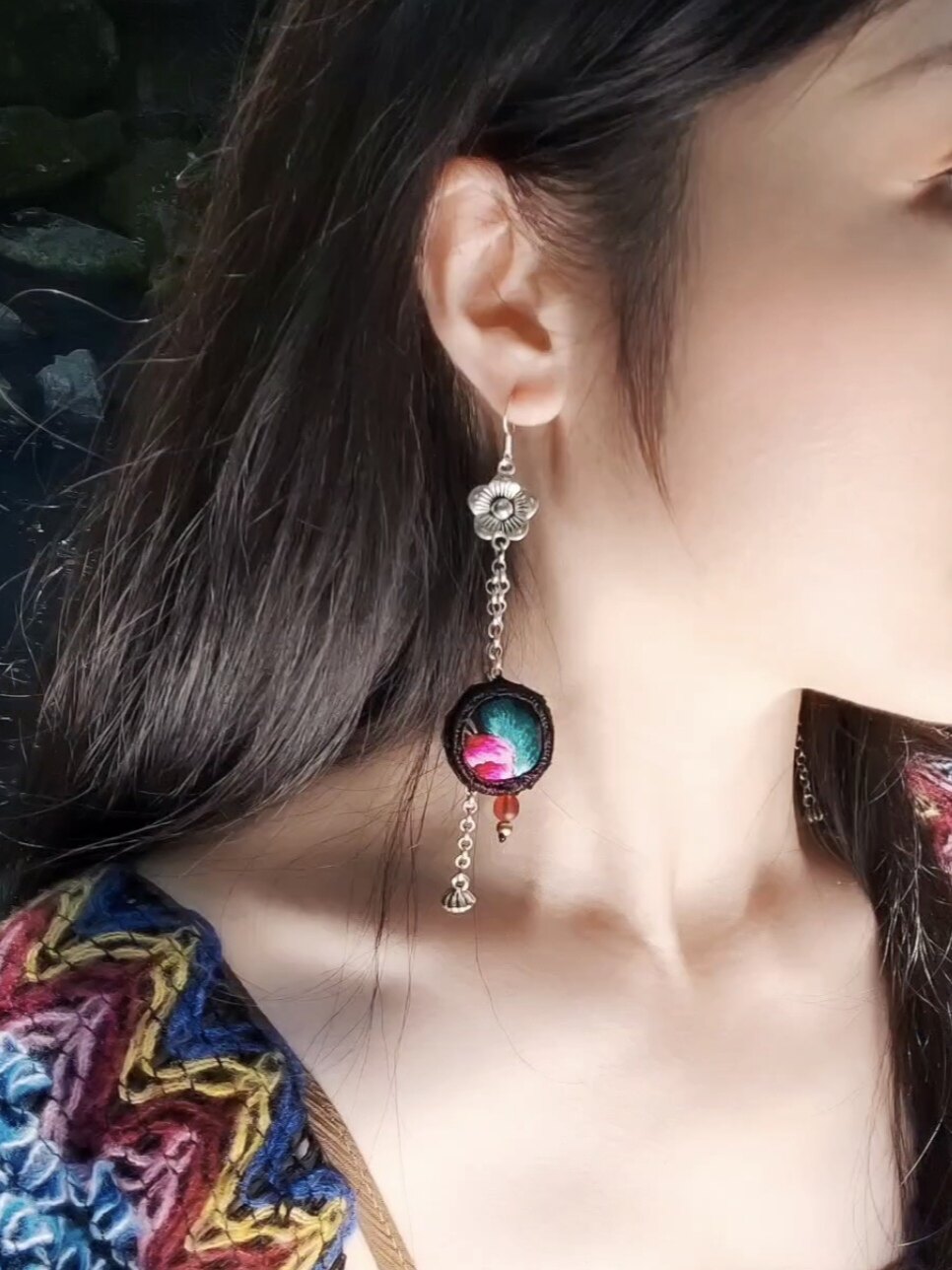 999耳针蜡染流苏耳环民族特色刺绣荷花长款新中式原创设计款耳坠