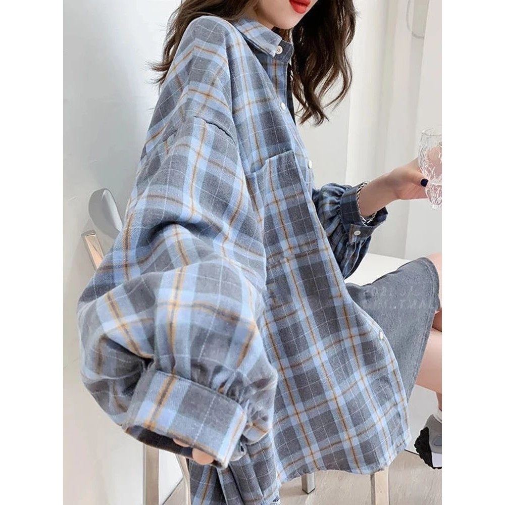 Loose long sleeved checkered shirt women女式宽松长袖格子衬衫