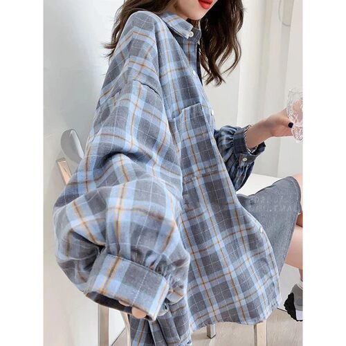 Loose long sleeved checkered shirt women女式宽松长袖格子衬衫