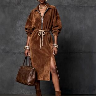 女士长袖收腰开叉连衣裙 Long sleeved waist cinched slit dress