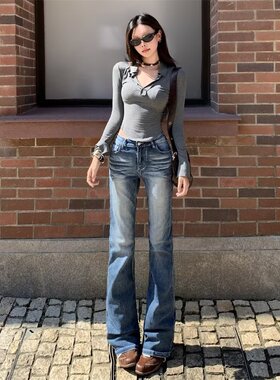 春季爆款窄版复古牛仔裤低腰直筒牛仔裤女修身显瘦水洗长裤垂感裤