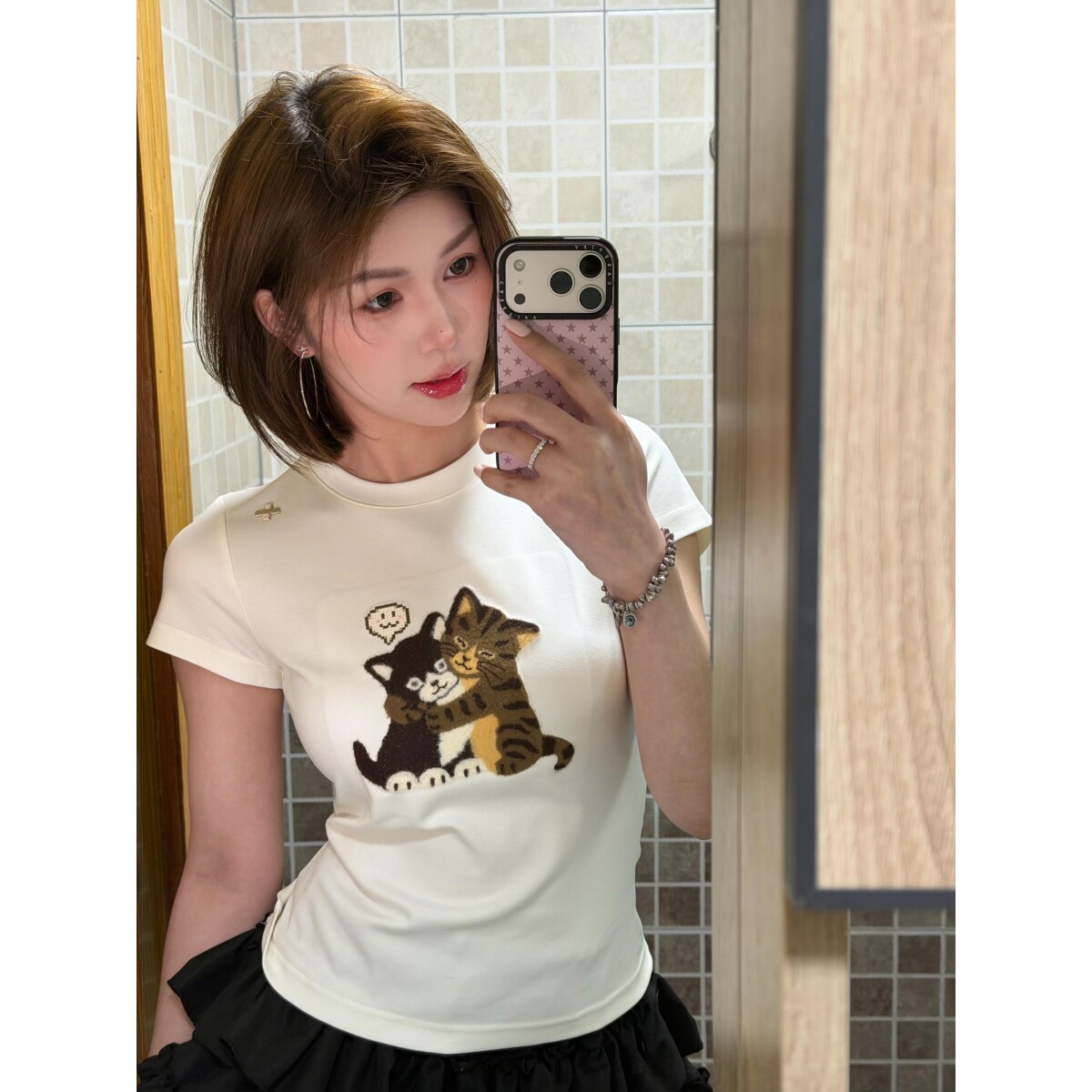 小猫毛绒刺绣正肩短袖T恤女春夏新款白色显瘦修身百搭上衣甜酷ins