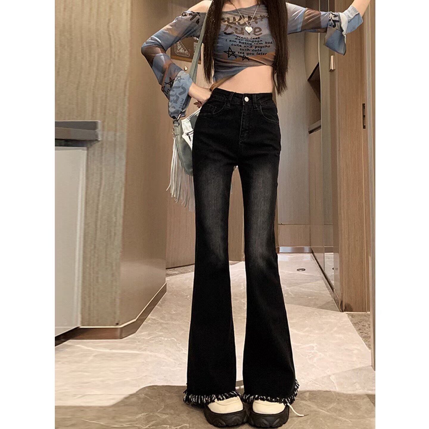 黑色高腰微喇显瘦拖地牛仔裤女