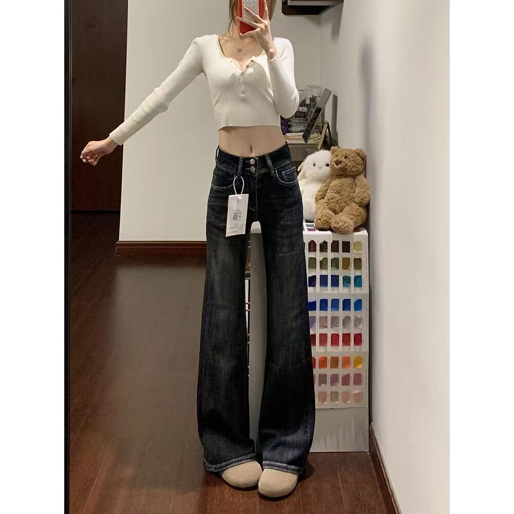 美式复古高腰微喇牛仔裤女春季修身显瘦直筒长裤辣妹风窄版裤子潮