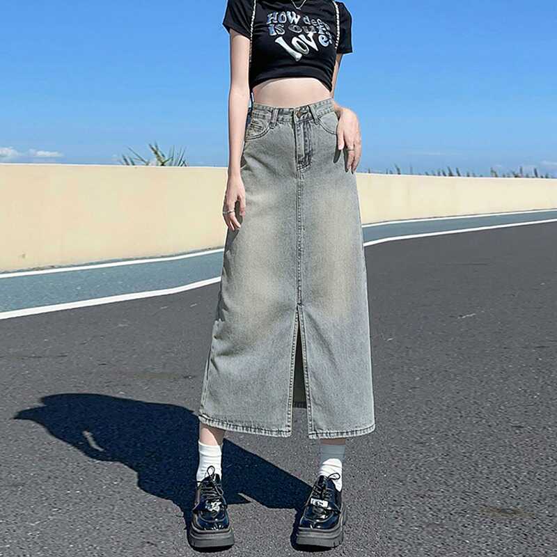 浅色高腰牛仔半身裙女夏季薄款2024新款小个子中长款开叉a字裙子