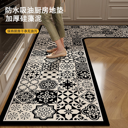 复古花砖厨房专用地垫转角L型可擦免洗防滑硅藻泥吸水7字型脚垫子
