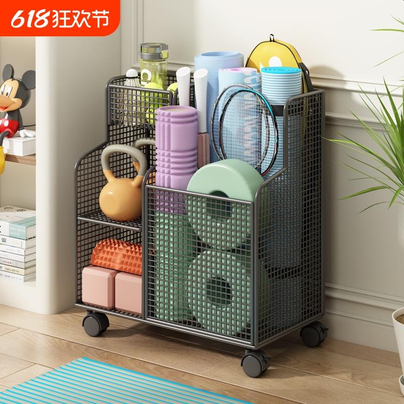 瑜伽垫收纳筐家用健身运动器材收纳架带轮篮球夹缝置物架子落地