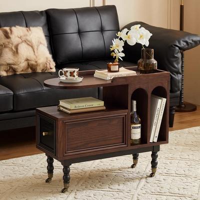 半岛空间法式复古实木小推车置物架客厅中古小茶几可移动沙发边几