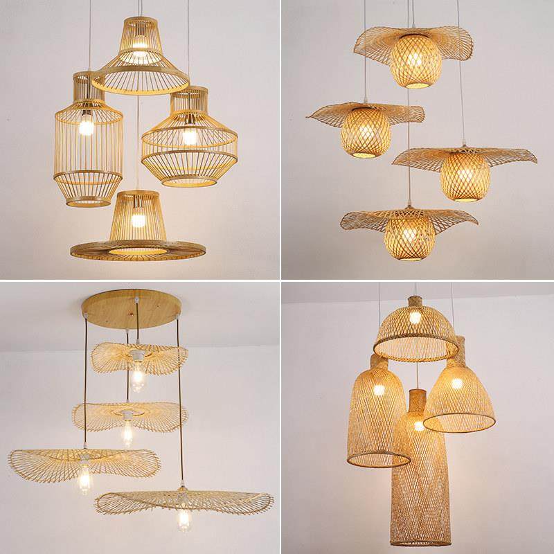 竹编组合吊灯创意个性中式装饰餐厅大厅茶室民宿复式楼梯三头灯具