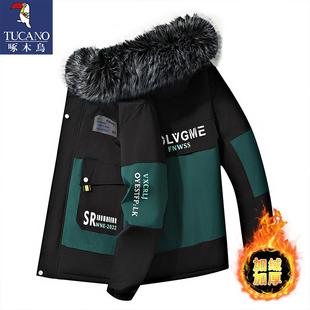 连帽加绒夹克冲锋衣冬季 啄木鸟男士 工装 潮流男士 加厚棉衣 外套新款