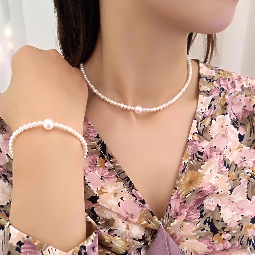 S925银天然淡水珍珠套装珍珠项链女+手链直径4-8mm优雅百搭