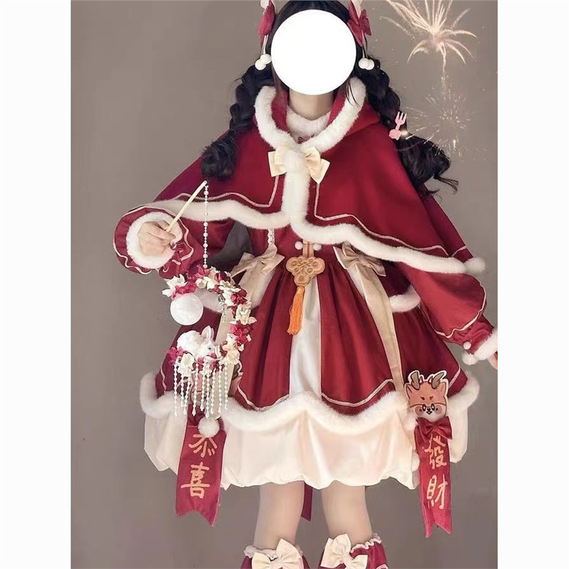 泡泡熊原创设计新年款小福兽lo裙红色长袖连衣裙套装