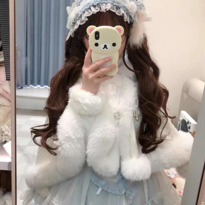 外穿【毛绒斗篷】可爱甜美lolita保暖外搭秋冬短纯色披肩外套超萌