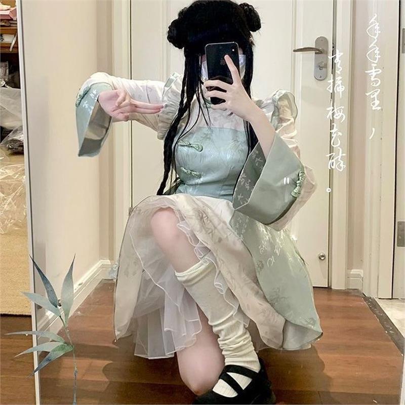 lolita新中式改良旗袍连衣裙长袖蓬蓬裙印花荷叶边青年仙