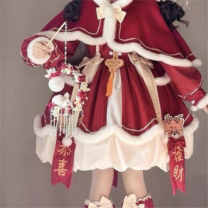 泡泡熊原创设计新年款小福兽lolita洛丽塔lo裙红色长袖连衣裙套装