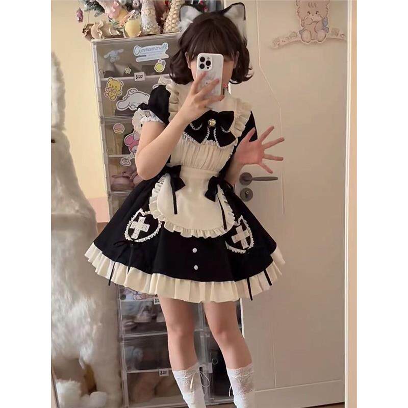 心动告急 甜美可爱女仆Lolita黑白拼色op日常公主连衣裙+围裙套装