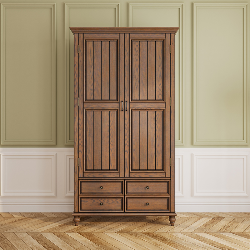 美式乡村实木衣柜3门4门欧式大A衣柜复古卧室家用定制衣顶柜对开