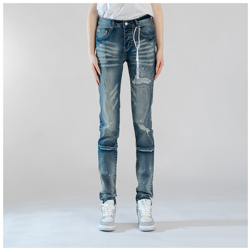 PUR jeans牛仔裤男修身显瘦美式高街破洞乞丐拼接潮牌修身小脚裤