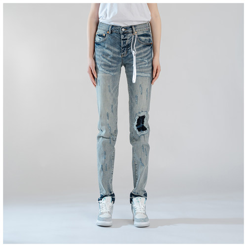 PUR jeans牛仔裤男裤修身显瘦欧美式高街补丁破洞做旧牛小脚裤
