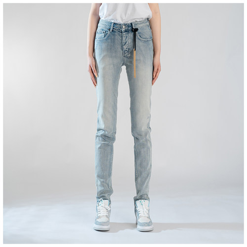 KUS jeans牛仔裤男修身显瘦欧美式高街基础复古蓝做旧修身小脚裤