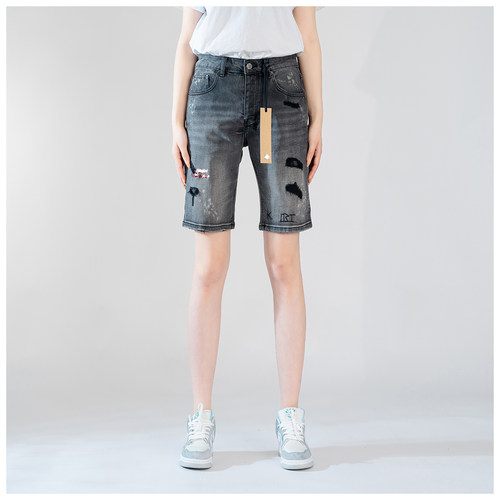 KUS jeans牛仔裤男宽松直筒短裤美式休闲水洗破洞高品质小脚裤