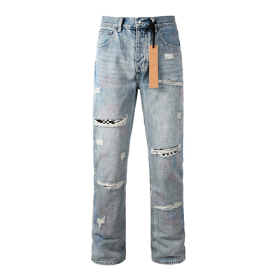 KUS jeans牛仔裤男宽松直筒裤欧美式高街破洞补丁潮牌休阔腿裤