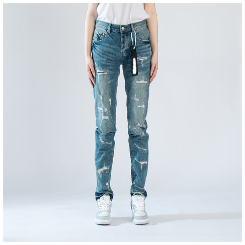 PUR jeans牛仔裤男修身显瘦欧美式高街破洞乞丐潮牌修身小脚裤