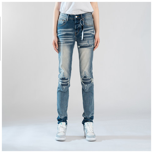 AMR Skinny Ripped Jeans 牛仔裤男美式高街破洞补丁修身小脚裤