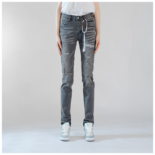 PUR jeans牛仔裤男修身显瘦欧美式高街泼墨破洞补丁做旧小脚裤