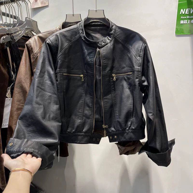 十三行2024秋冬美式美拉德复古短款皮衣外套女机车服小个子皮夹克