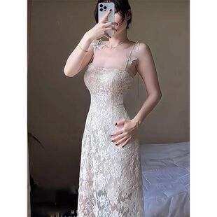 气质小香风蕾丝钩花刺绣吊带连衣裙女高级感名媛轻奢优雅修身裙子