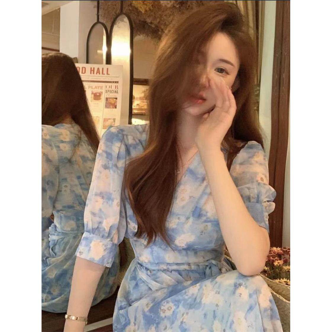 夏新款淑女风蓝色V领碎花