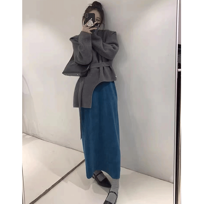 秋冬装搭配一整套小个子显高套装韩剧穿搭灰色上衣半身裙两件套女