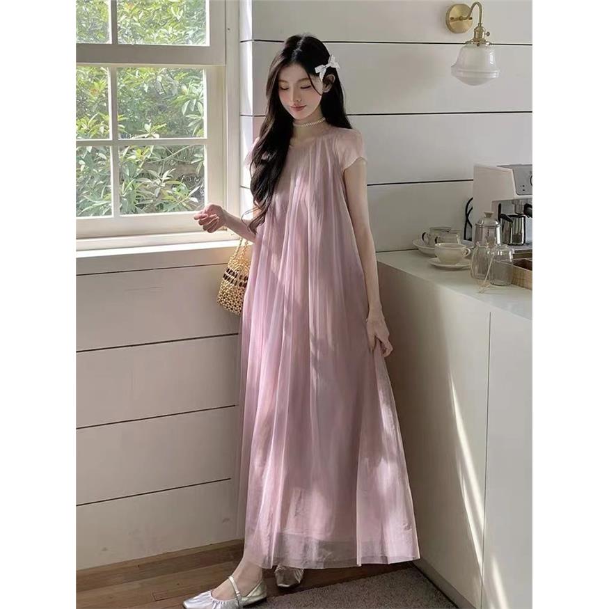 粉色薄纱连衣裙女2025新