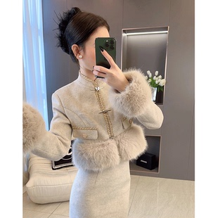 2025/新中式国风春装套装裙短款毛毛外套韩剧富家千金两件套裙装