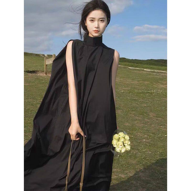 黑色高领无袖连衣裙女夏